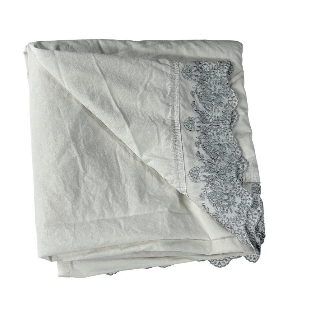 Simply Shabby Chic Ivory Cotton Flat Sheet Silver Full 82 x 90 Embroidered‎